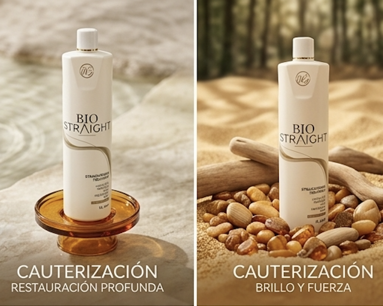 Bio Straight Cauterización - Brillo y Fuerza Bio Straight Cauterización sobre bandeja de cerámica con decoración de hojas doradas.Leyenda Sugerida: Logra un sellado cuticular perfecto